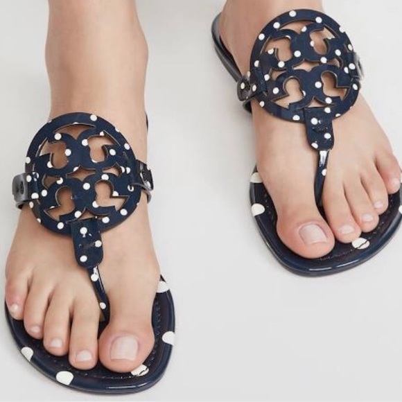 Tory Burch Women's Miller Sandals Patent Leather Navy Classic Dot - Picture 1 of 8